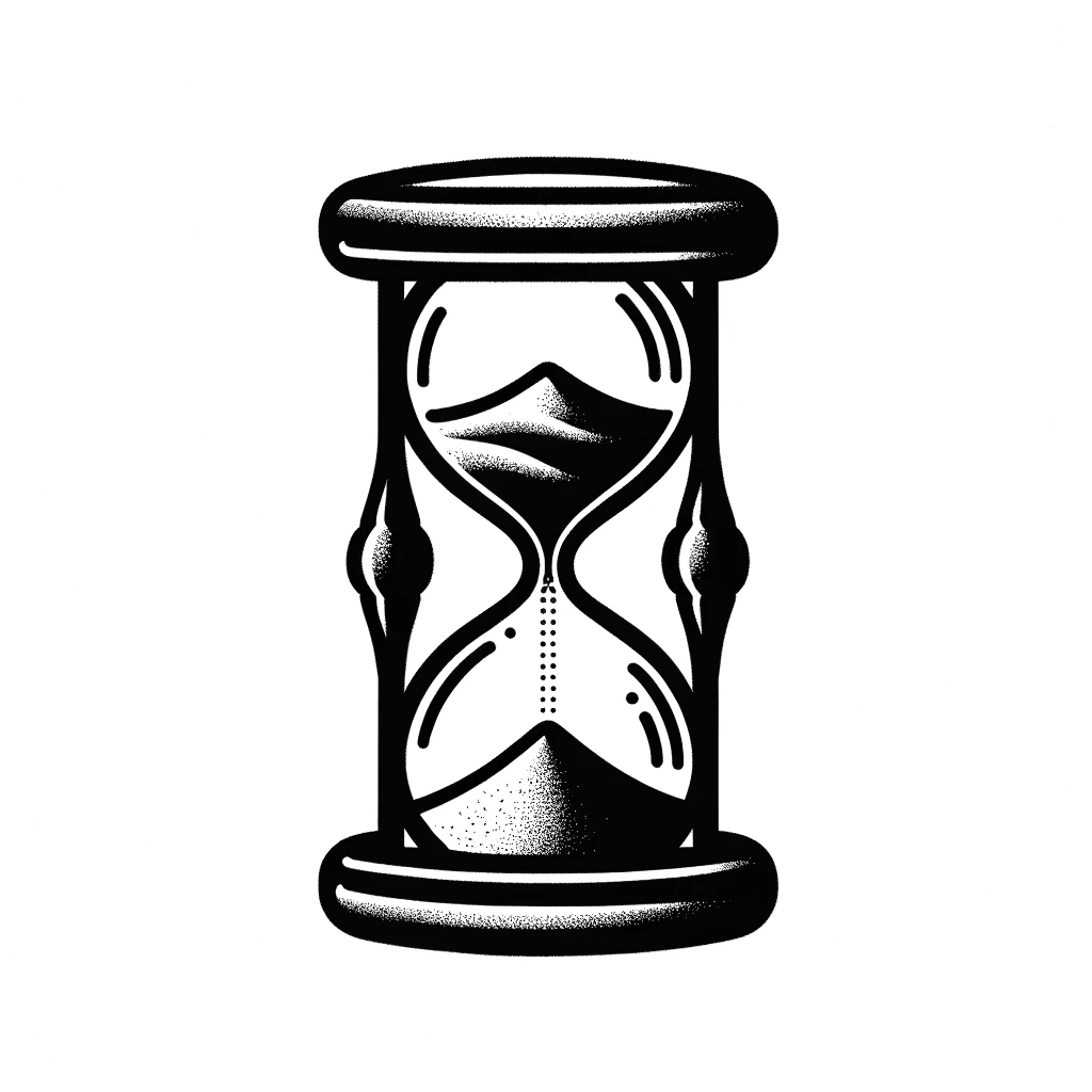 DALL·E 2024-01-05 20.38.50 - Simplified Shifting Sands Hourglass_ Create a black and white tattoo design with minimal shading and solid lines, depicting a simple hourglass with fl