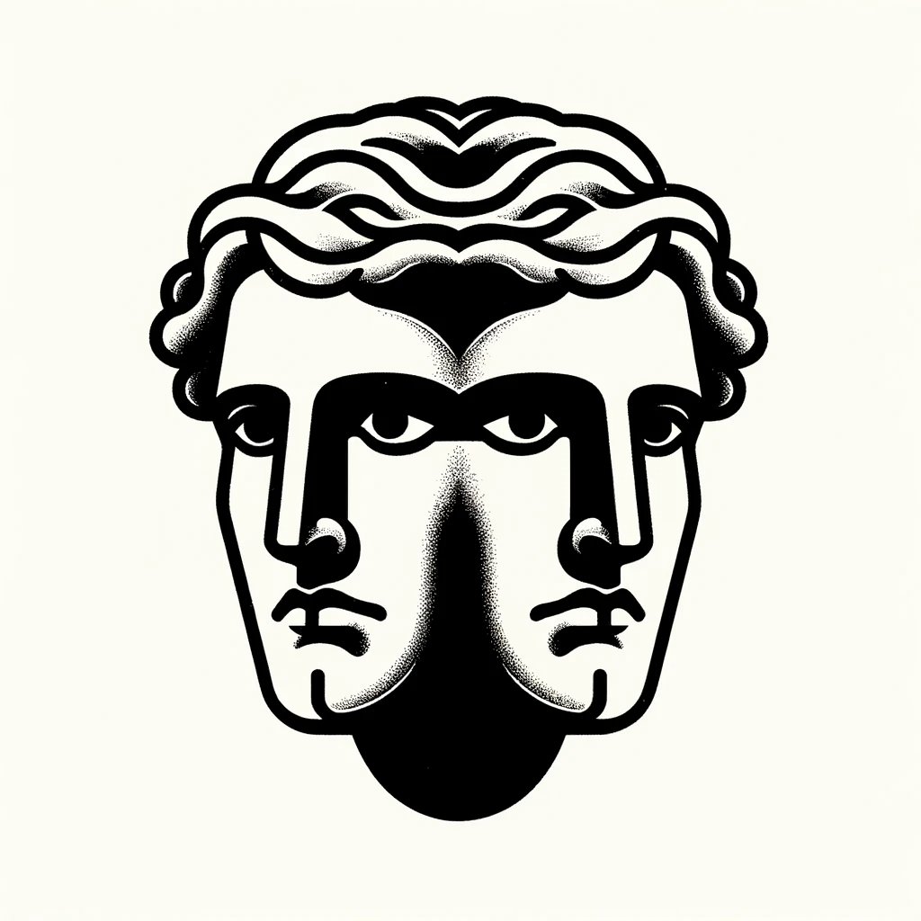 DALL·E 2024-01-05 20.38.54 - Simplified Janus, the Two-Faced God_ Create a black and white tattoo design with minimal shading and solid lines, depicting a straightforward represen