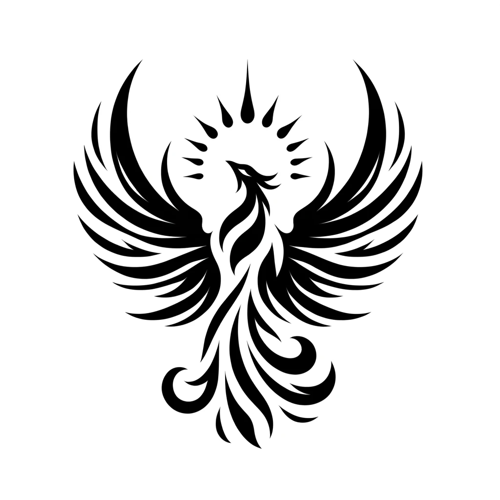DALL·E 2024-01-05 20.38.57 - Simplified Phoenix Rising_ Create a black and white tattoo design with minimal shading and solid lines, depicting a phoenix rising from the ashes, rep